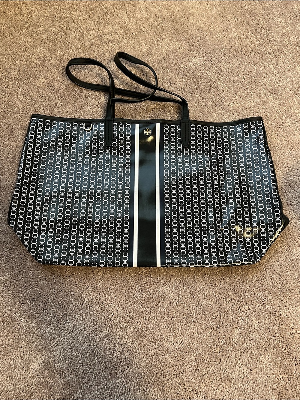 Tory Burch Black Logo-Print Patent Stripe Tote